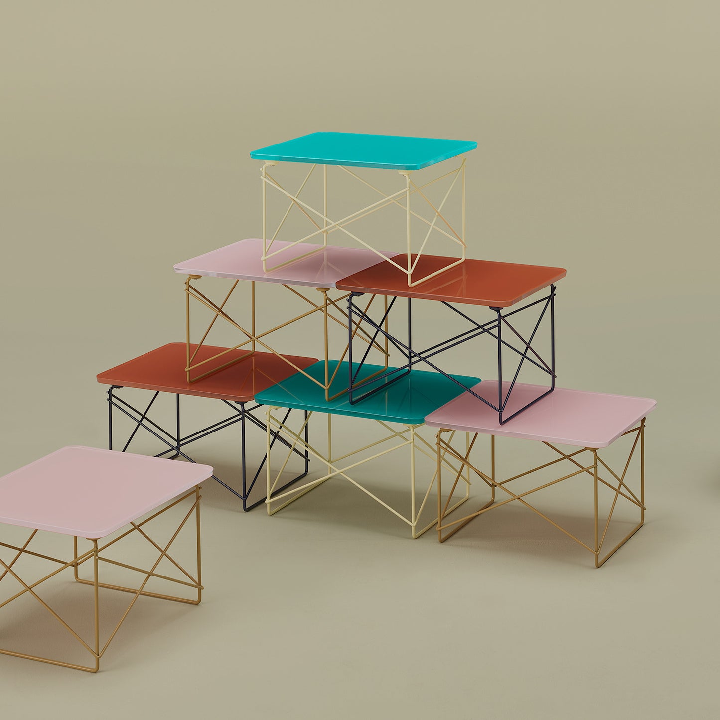 Herman Miller x HAY Eames Wire Base Low Table in Mint Green & Powder Yellow