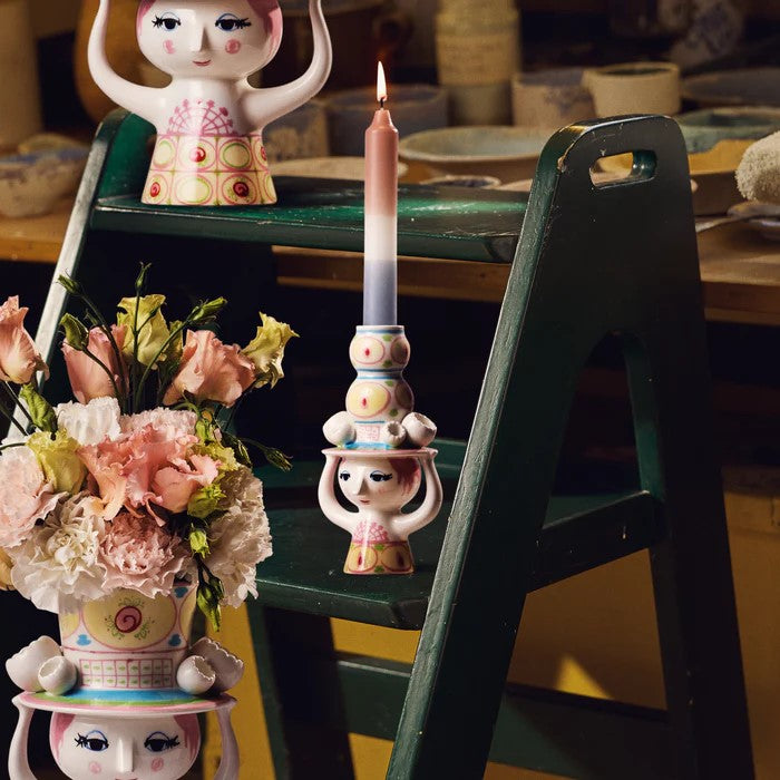 Lady with Hat Candle Holder, Pink/Yellow