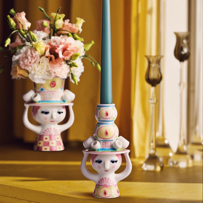 Lady with Hat Candle Holder, Pink/Yellow